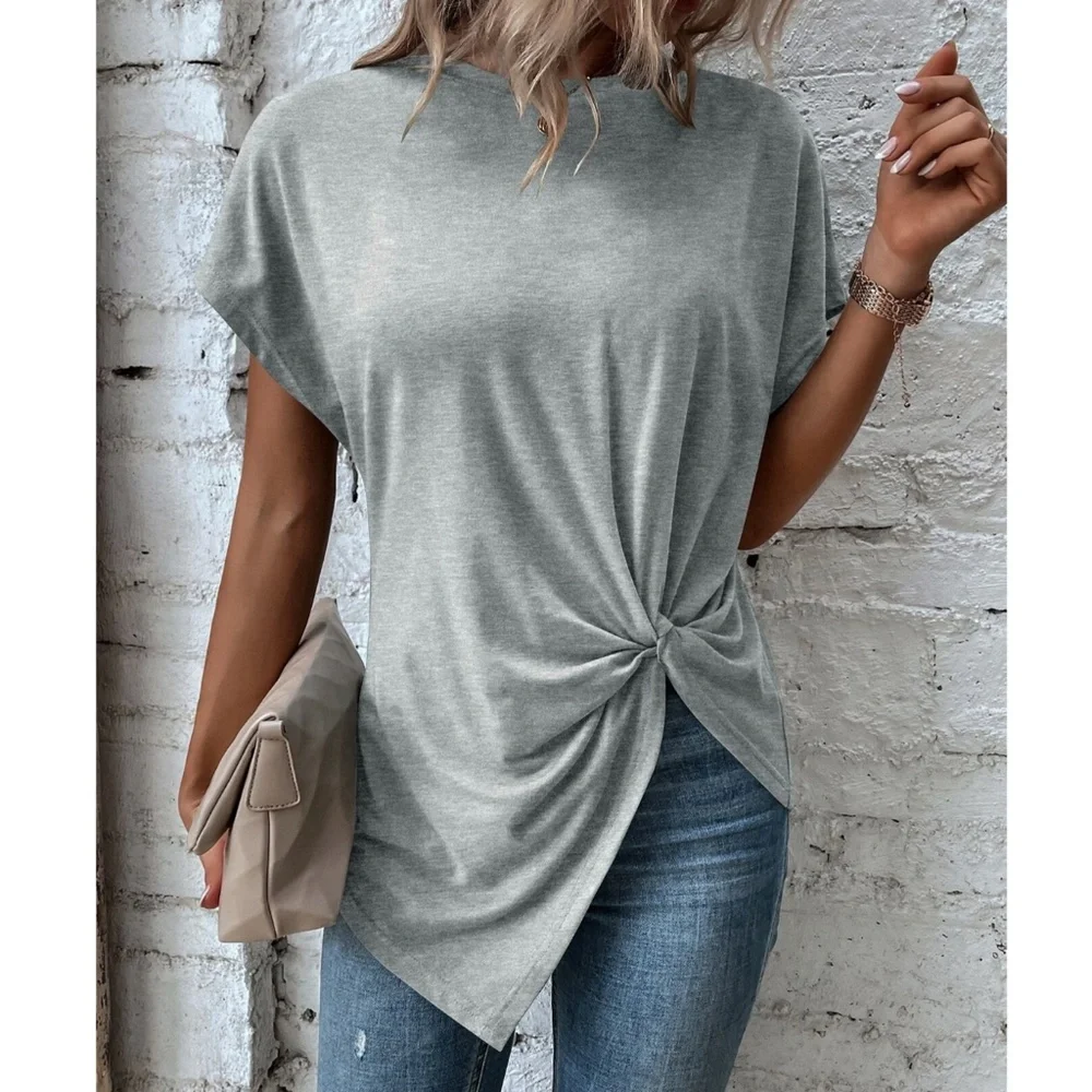 Twist Detail Grey Tee Shirt Short Sleeve Round Neck - Picture 1 of 12